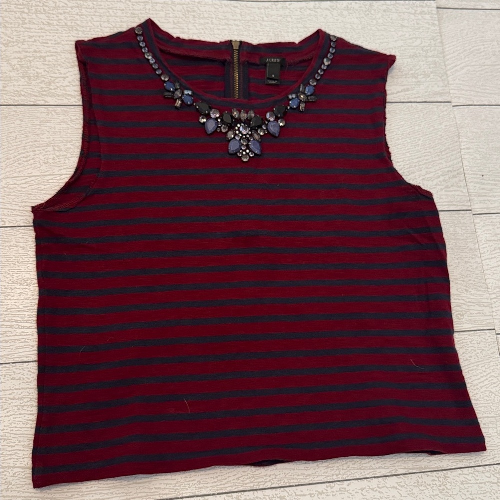 J. Crew Red and Black Striped Tank Top with Embellished Neckline